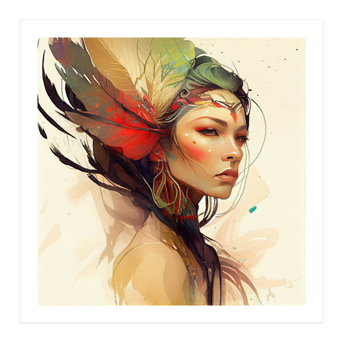 Watercolor Floral Indian Native Woman #14 (Print Only)