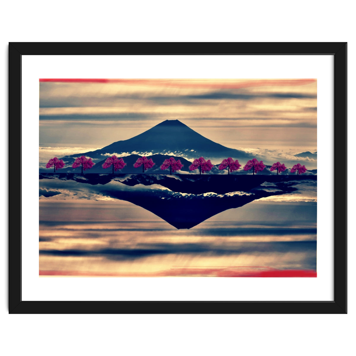 Reflection on Mount Fuji with cherry trees.