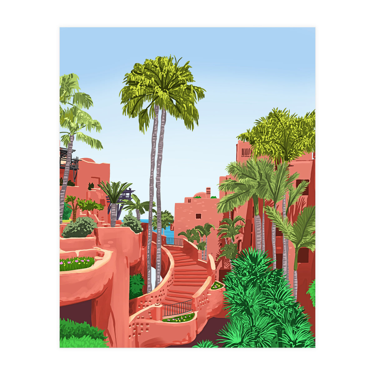 Tropical Architecture, Mexico Exotic Places Building Illustration Bohemian Painting Palm  (Print Only)