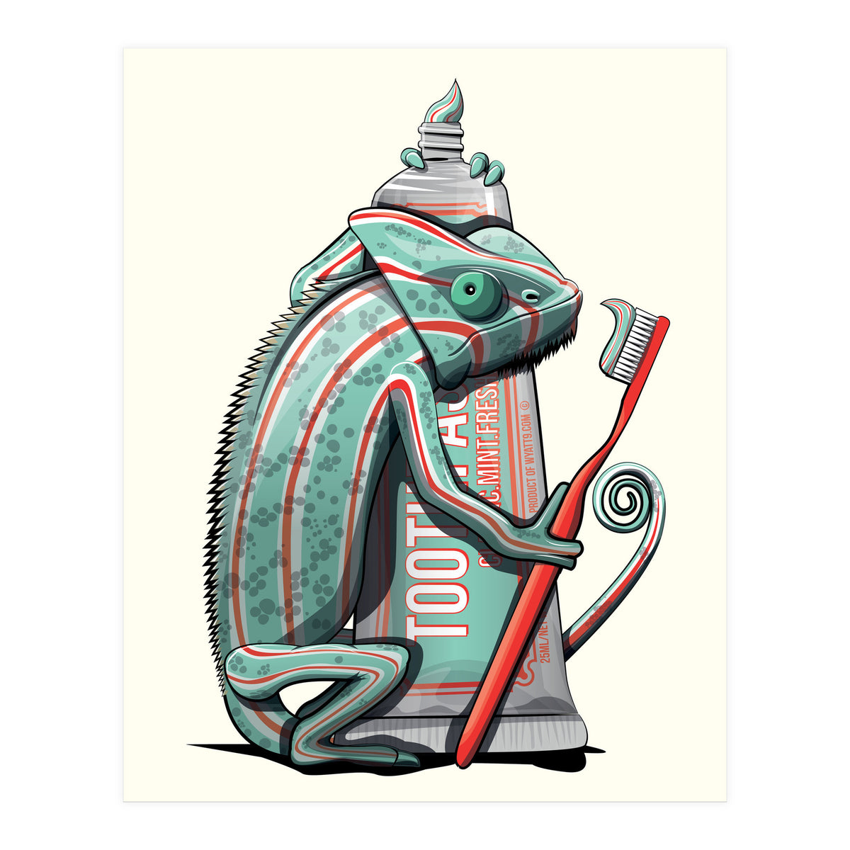 Chameleon Brushing Teeth, Funny Bathroom Humour (Print Only)