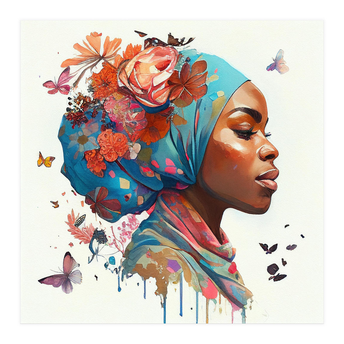 Watercolor Floral Muslim African Woman #2 (Print Only)