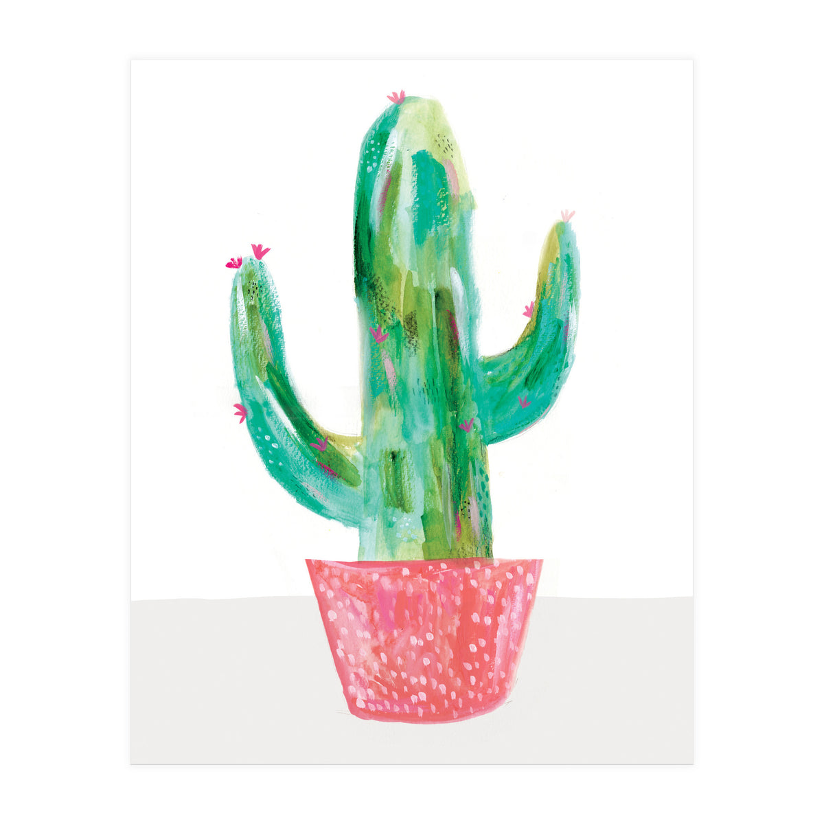 Painted Cactus In Coral Plant Pot (Print Only)