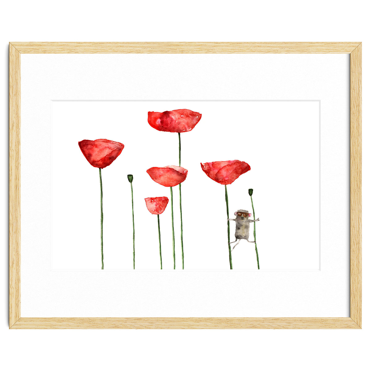 Little mouse loves big poppies || watercolor for nursery