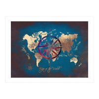 World Map Wind Rose blue (Print Only)