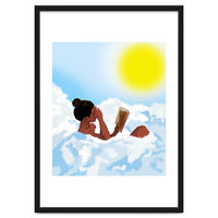 Reading on Clouds, Black Woman Summer Sunny Day Book Painting, Bohemian Nude