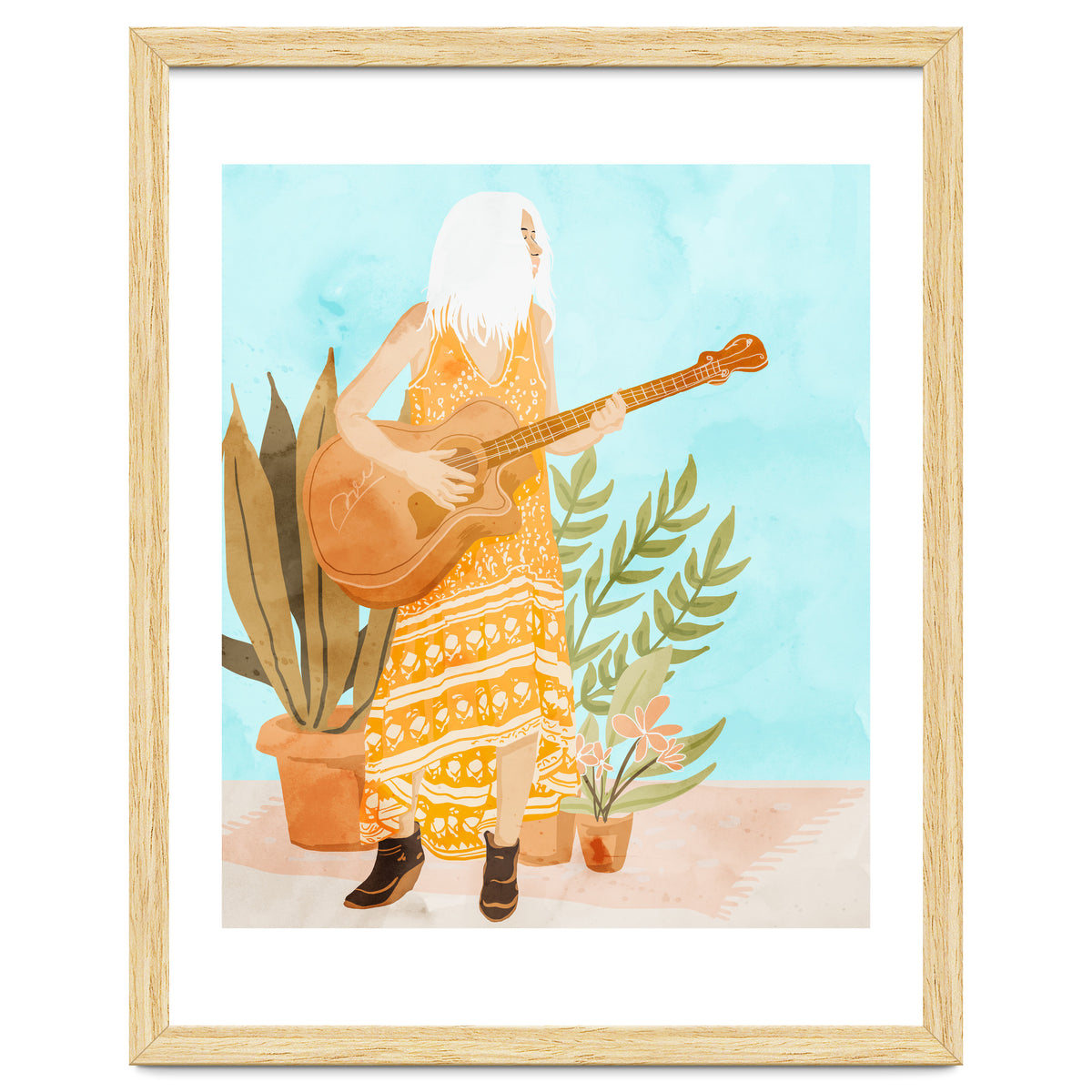 Music Soothes My Soul | Urban Hippie Bohemian Woman Playing the Guitar | Plant Lady Painting
