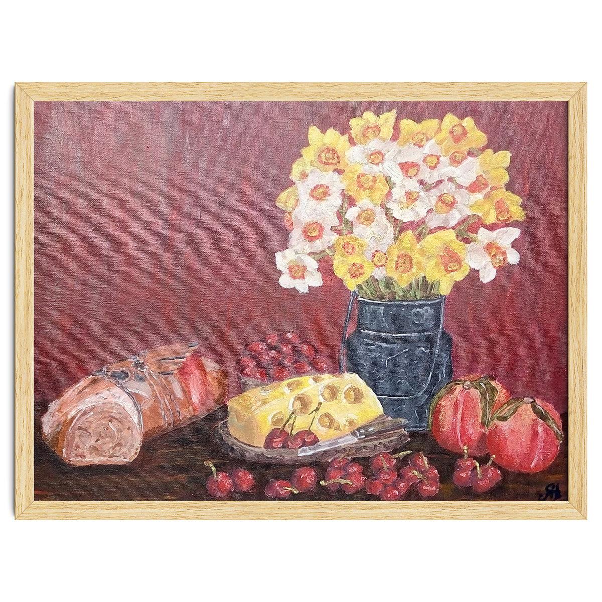 Still life with cheese, daffodils on a red background.