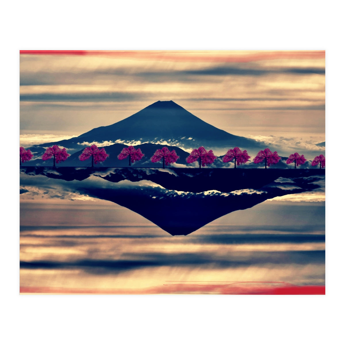 Reflection on Mount Fuji with cherry trees. (Print Only)