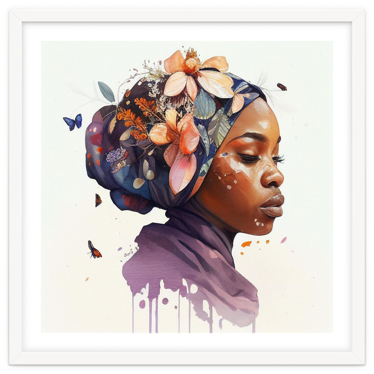Watercolor Floral Muslim African Woman #4