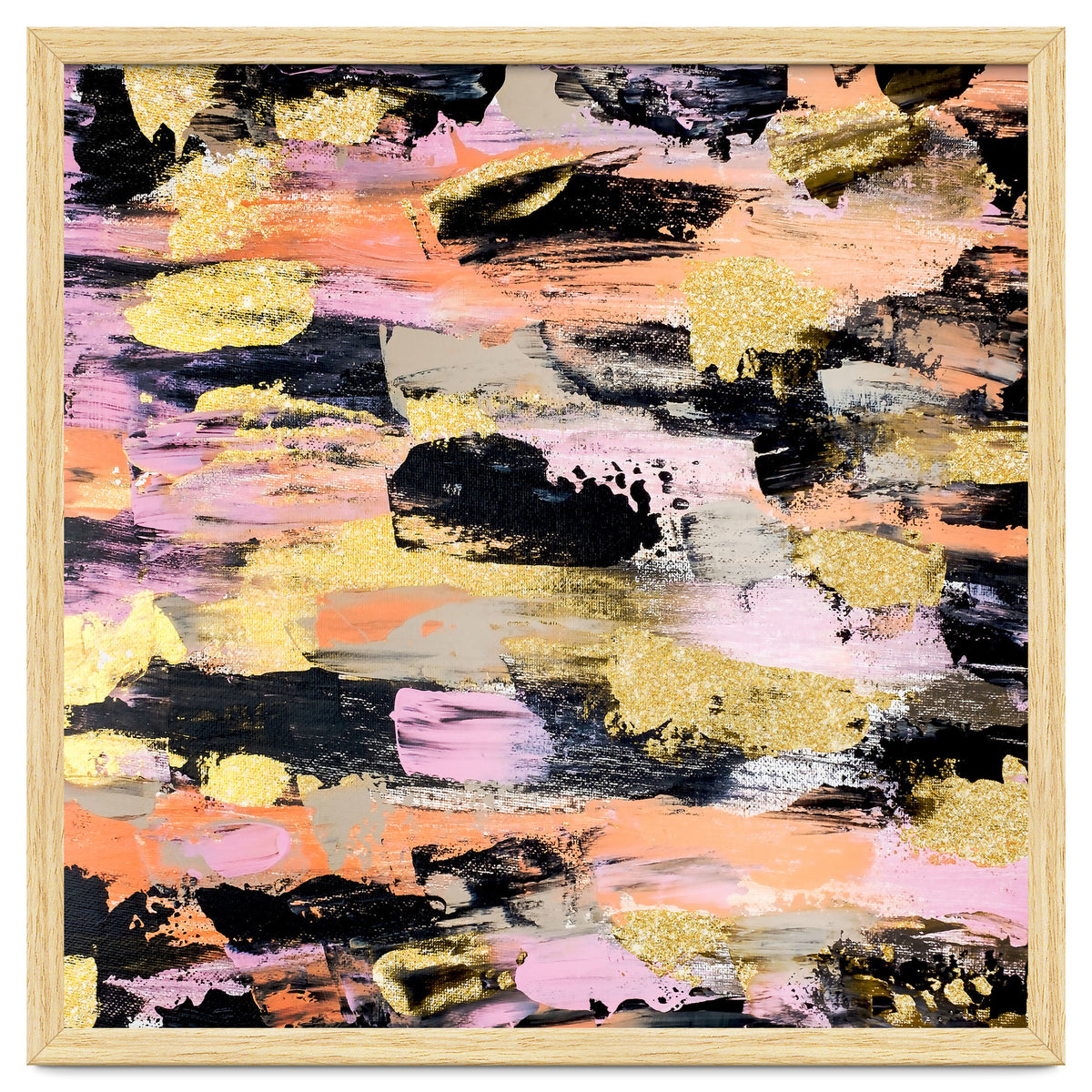 Modern Abstract Black Pink Salmon Gold Acrylic Brushstrokes Paint