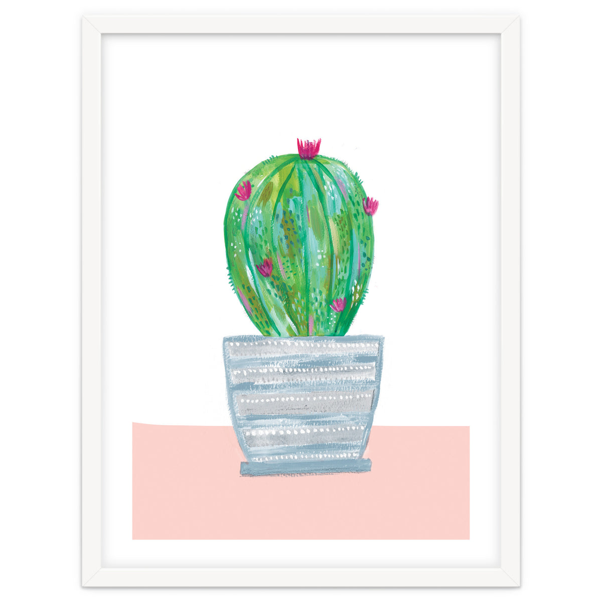 Painted Cactus In Blue Stripe Plant Pot