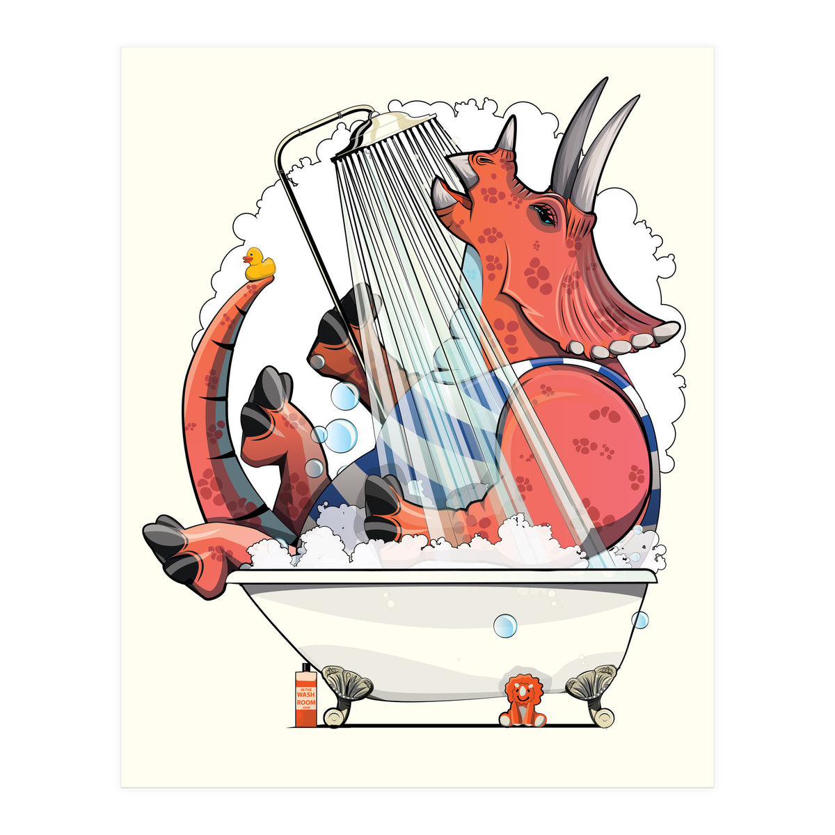 Dinosaur Triceratops in the Shower, funny bathroom humour (Print Only)