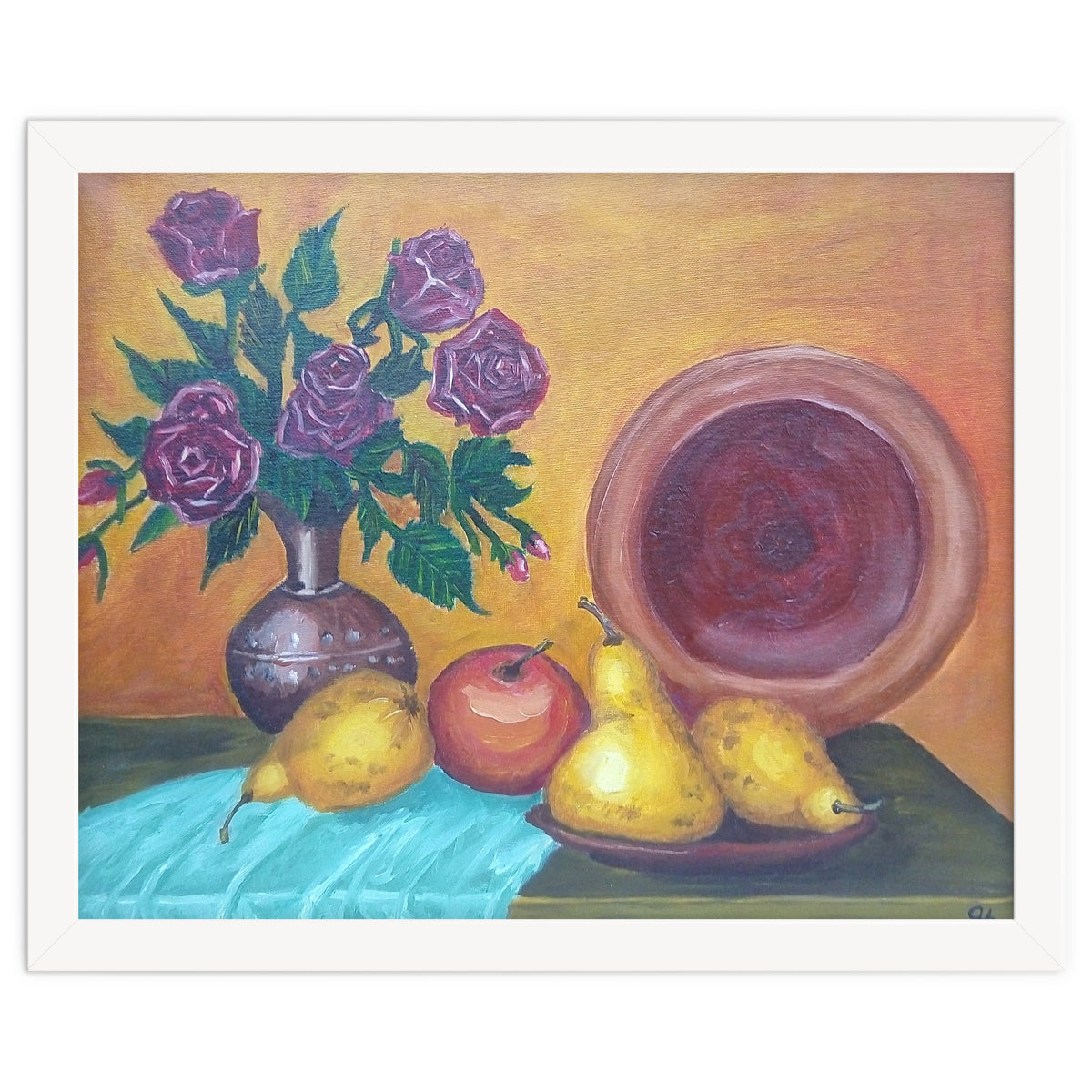 Still life with pears, roses and a dish.