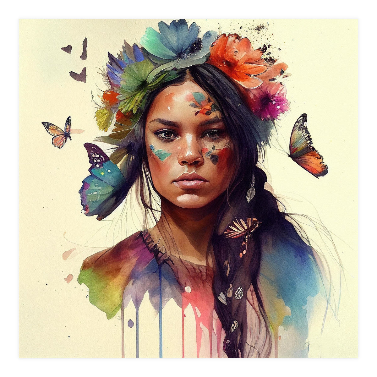 Watercolor Floral Indian Native Woman #11 (Print Only)