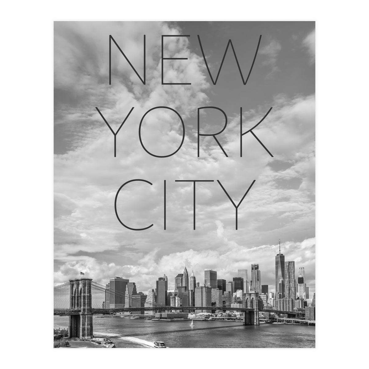 NYC Brooklyn Bridge & Lower Manhattan | Text & Skyline (Print Only)