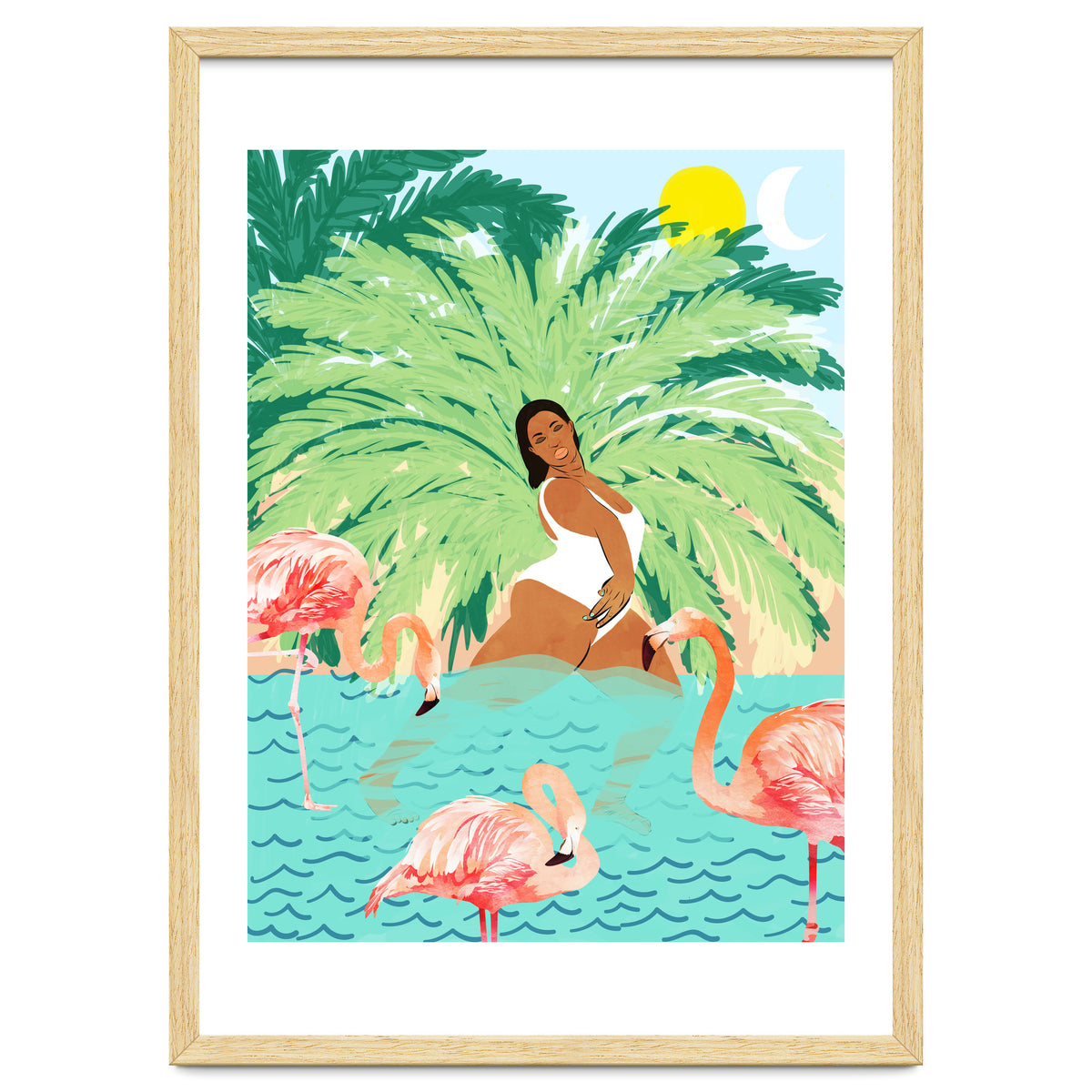 Tropical Summer Water Yoga with Palm & Flamingos | Woman of Color Black Woman Body Positivity
