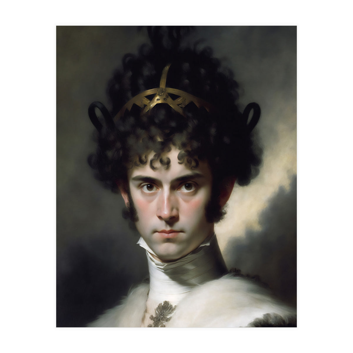 Curly Haired Man Moody Vintage Dark Painting  (Print Only)