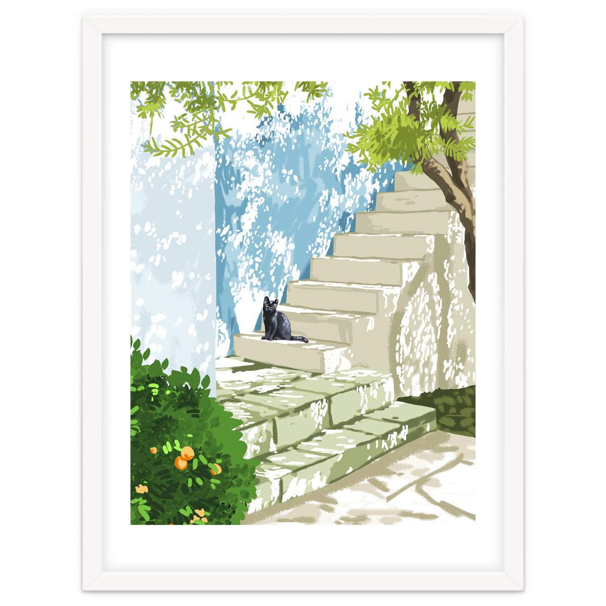 Black cat on the steps Poster, Greece Santorini summer travel pet painting
