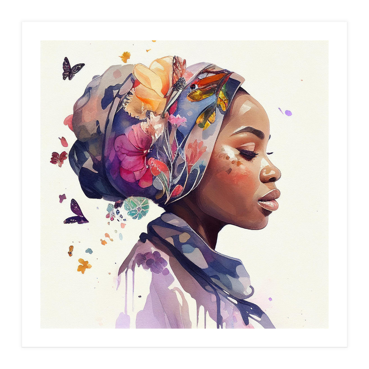 Watercolor Floral Muslim African Woman #1 (Print Only)