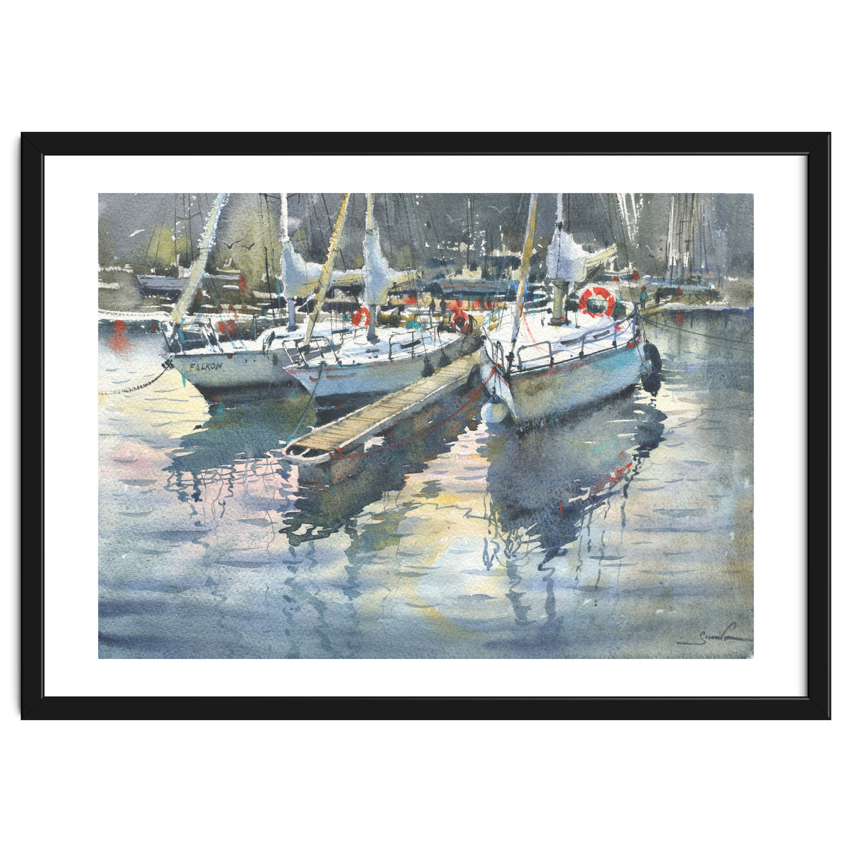 Yachts in the port. Watercolor painting