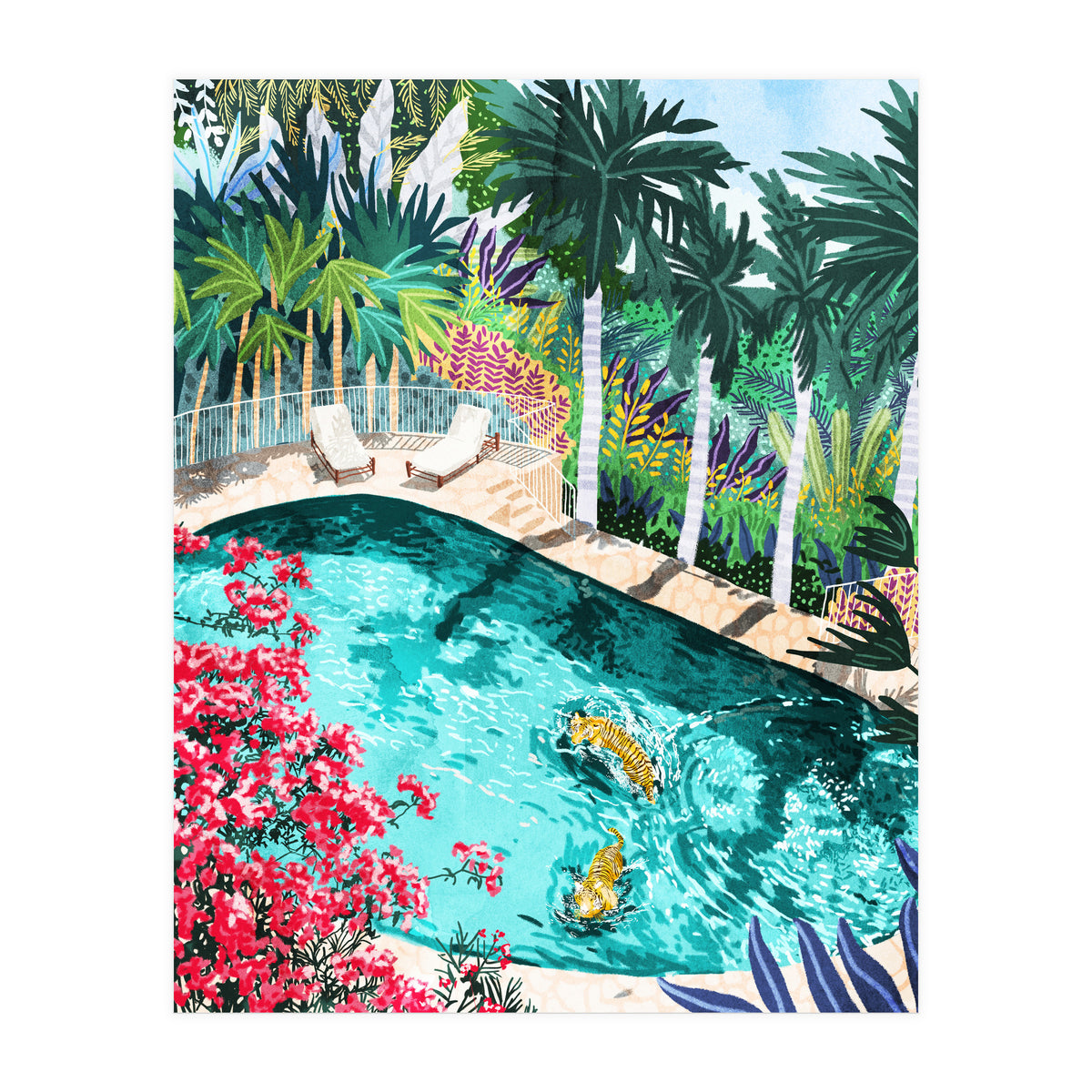 Luxury Tiger Villa illustration, Architecture Travel Nature Painting, Hotel Landscape Garden (Print Only)