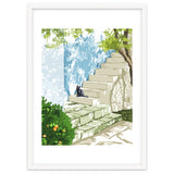 Black cat on the steps Poster, Greece Santorini summer travel pet painting thumbnail