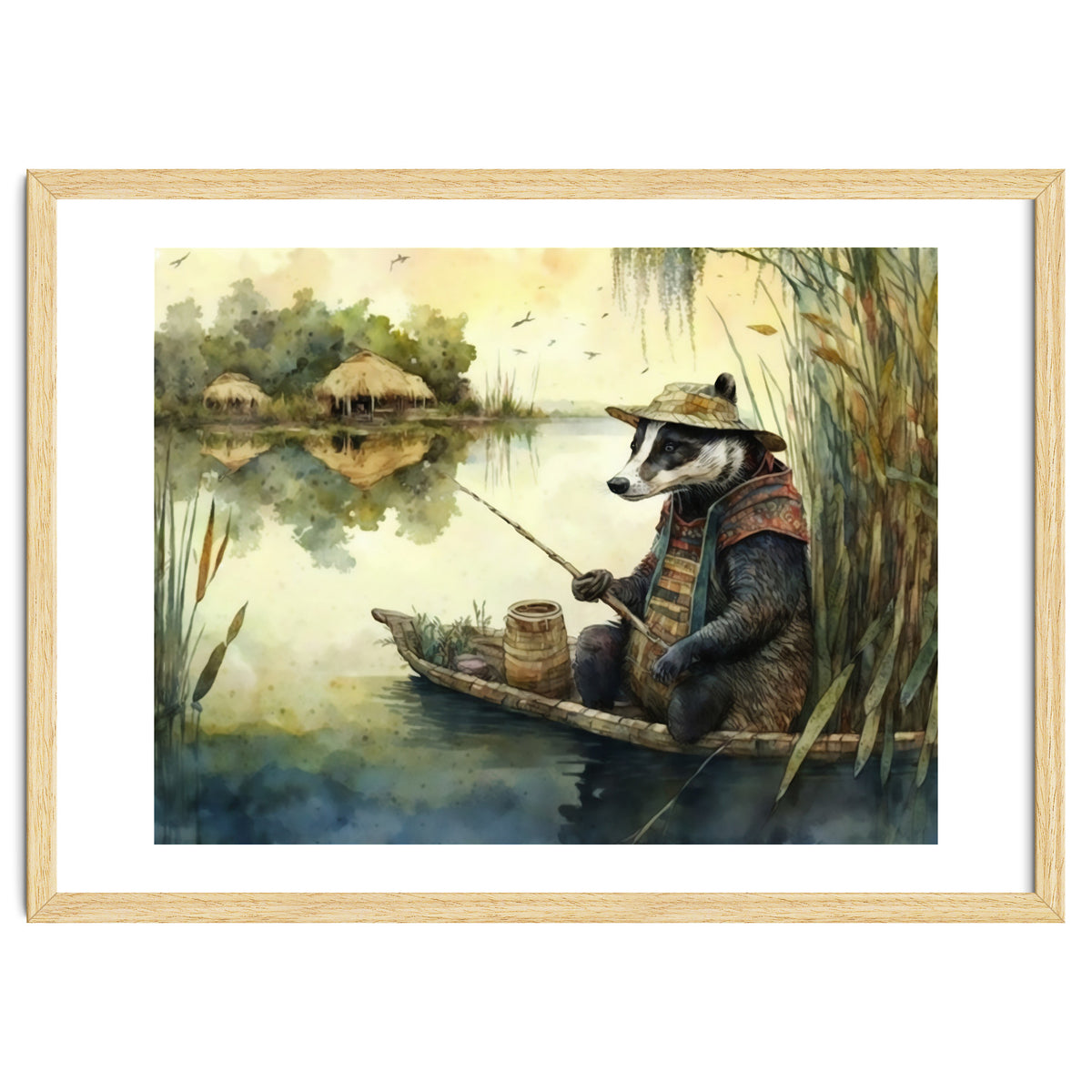 Badger Fishing Watercolor Painting