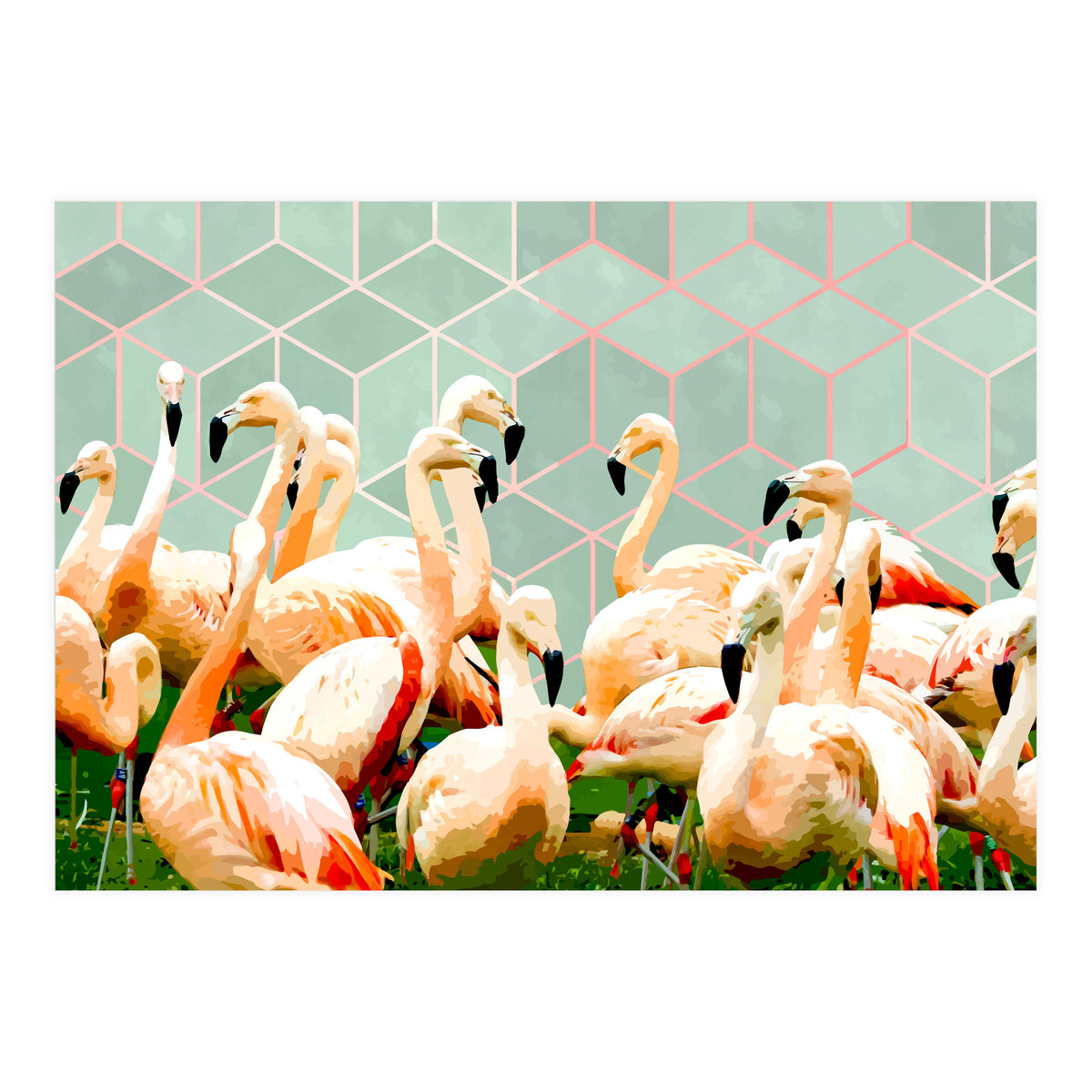 Flamingle Abstract Digital, Flamingo Wildlife Painting, Birds Geometric Collage  (Print Only)