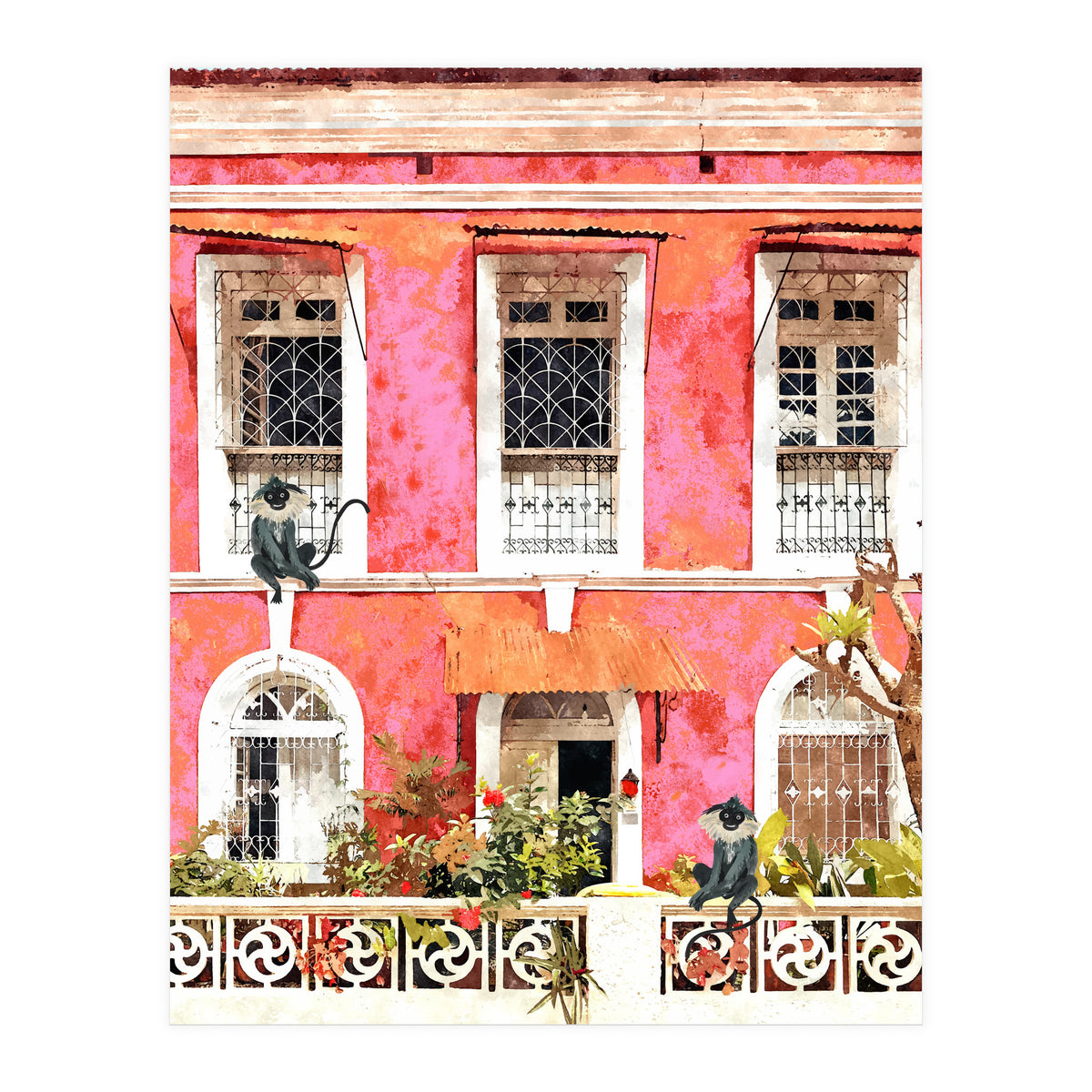 Monkey Business | Watercolor Tropical Goa Architecture Painting | Travel Pastel Pink Blush Building (Print Only)
