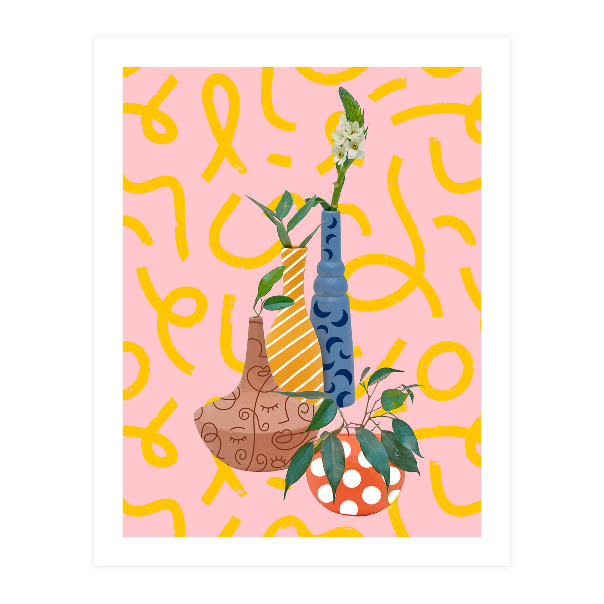 Modern Botanicals, Abstract Plant Pots, Quirky Nature Bohemian, Contemporary Decor (Print Only)