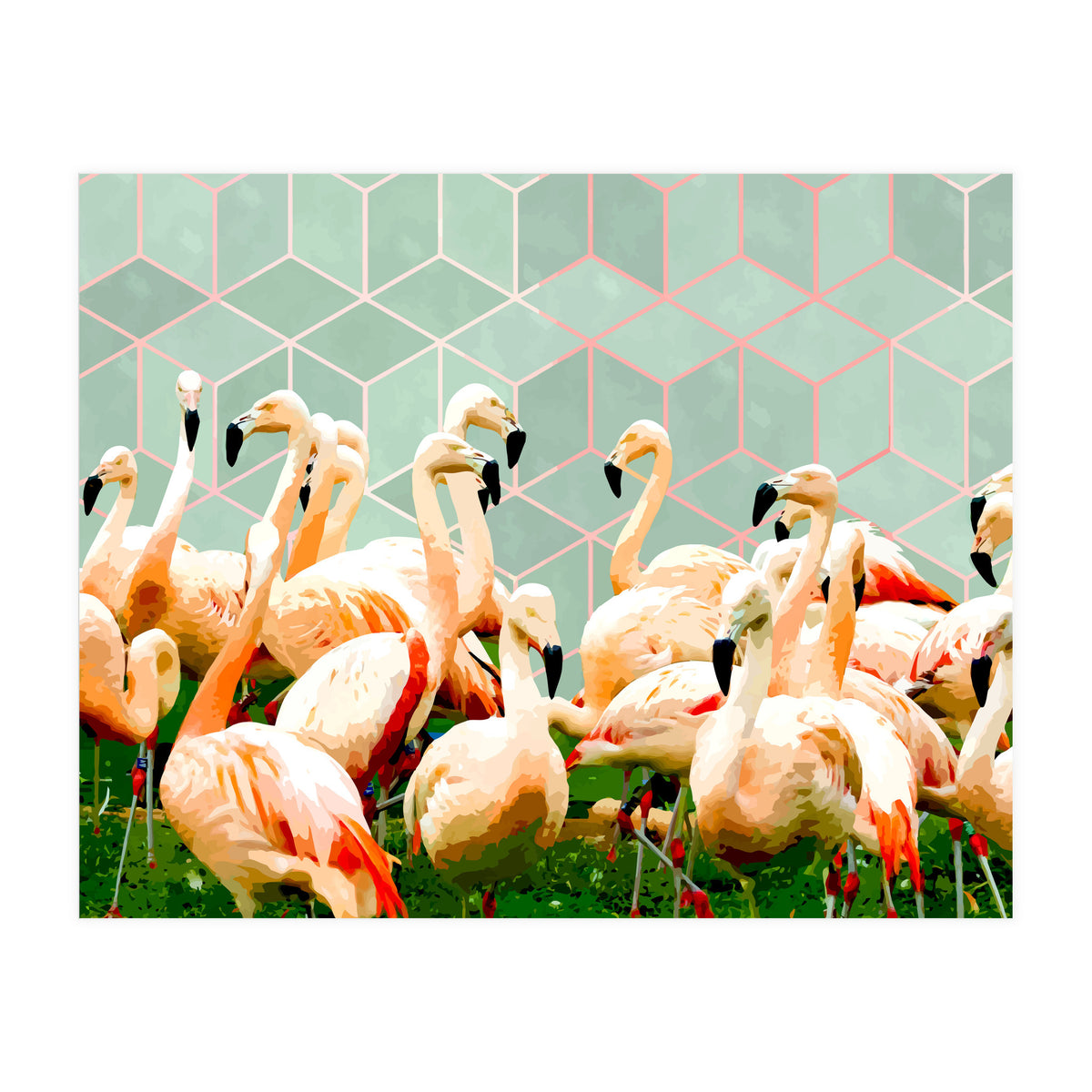 Flamingle Abstract Digital, Flamingo Wildlife Painting, Birds Geometric Collage  (Print Only)