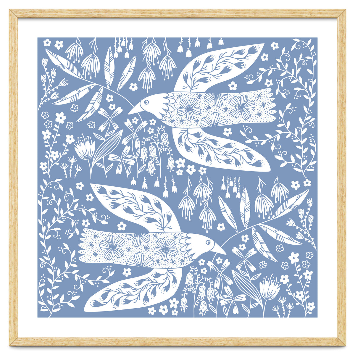 Doves And Flowers White On Blue