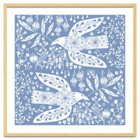 Doves And Flowers White On Blue