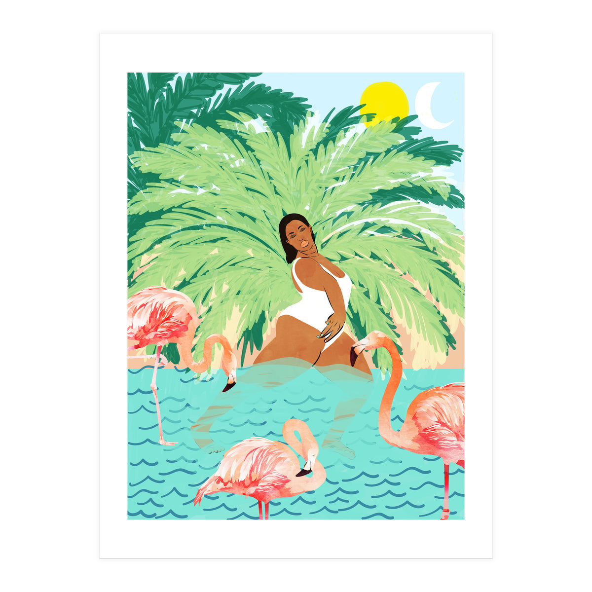 Tropical Summer Water Yoga with Palm & Flamingos | Woman of Color Black Woman Body Positivity (Print Only)