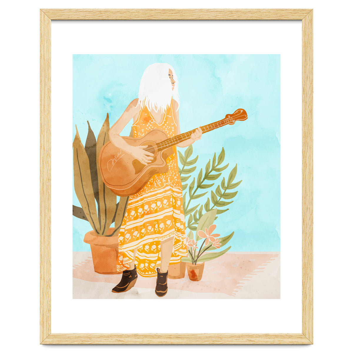 Music Soothes My Soul | Urban Hippie Bohemian Woman Playing the Guitar | Plant Lady Painting