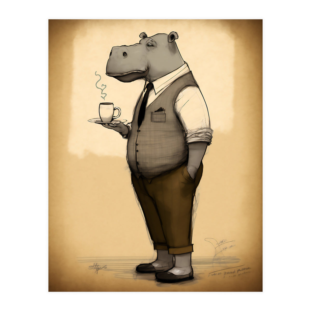 Hippo Hipster Fashion Sketch (Print Only)