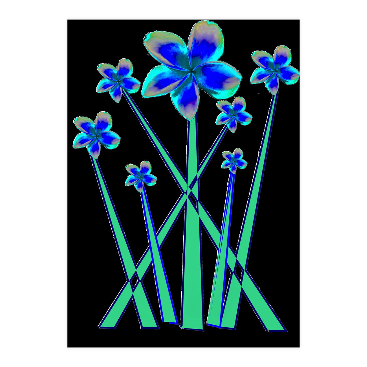 Blue flowers on black. (Print Only)
