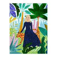 African Safari, Colorful Tropical Jungle Travel, Botanical Watercolor, Blonde Woman with a Leopard (Print Only)