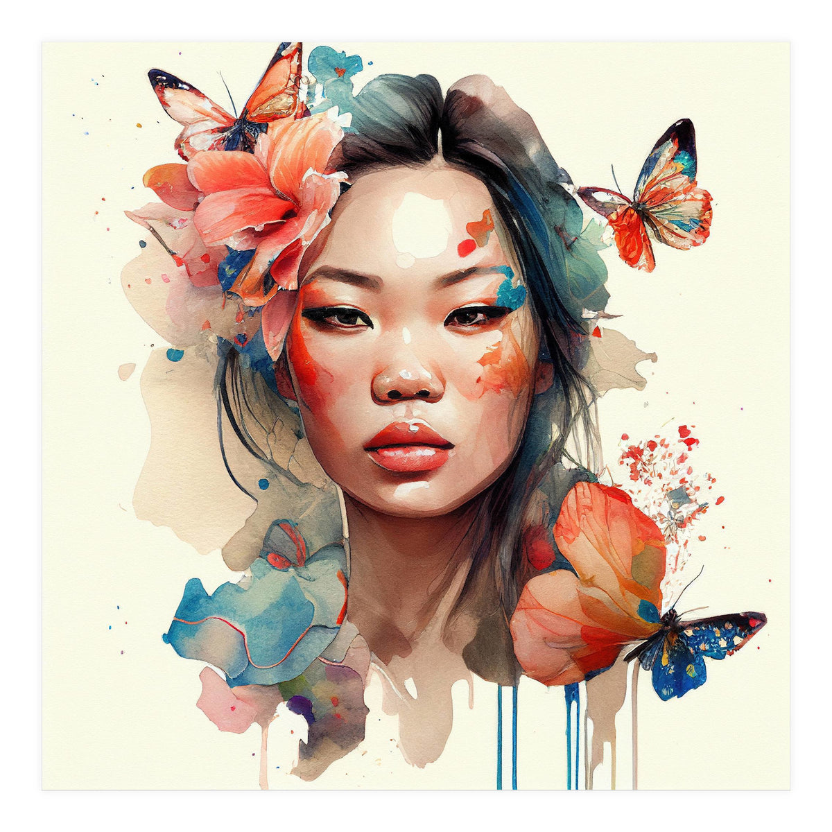 Watercolor Floral Asian Woman #1 (Print Only)