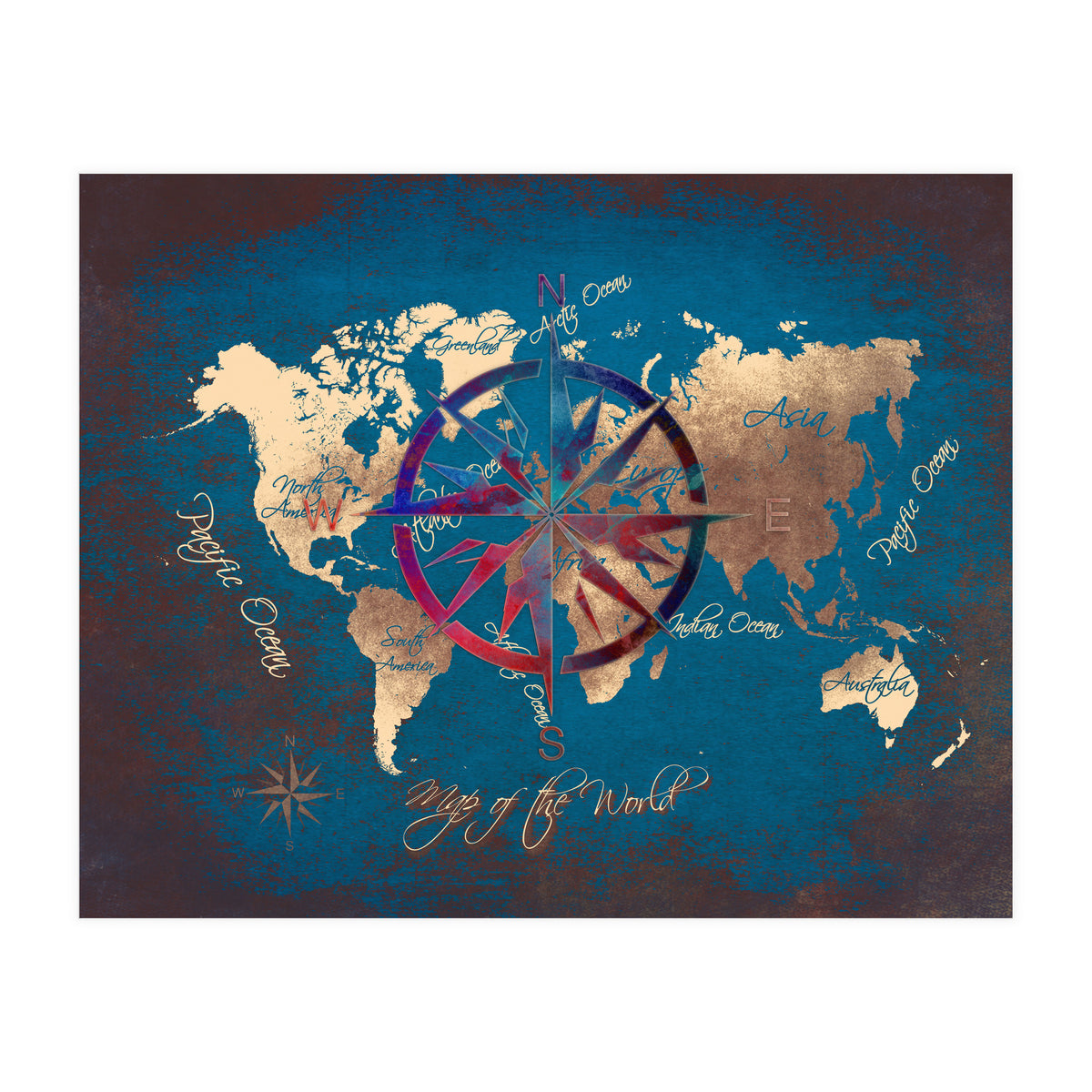 World Map Wind Rose blue (Print Only)