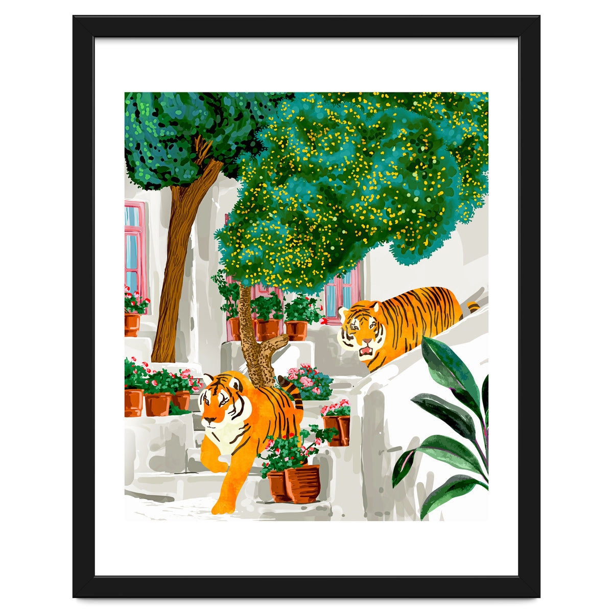 Tigers in Greece | Santorini Travel Architecture, Wildlife Animal Painting | Watercolor Illustration