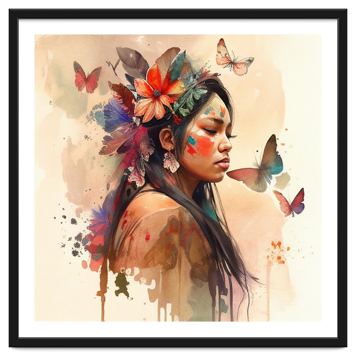 Watercolor Floral Indian Native Woman #8