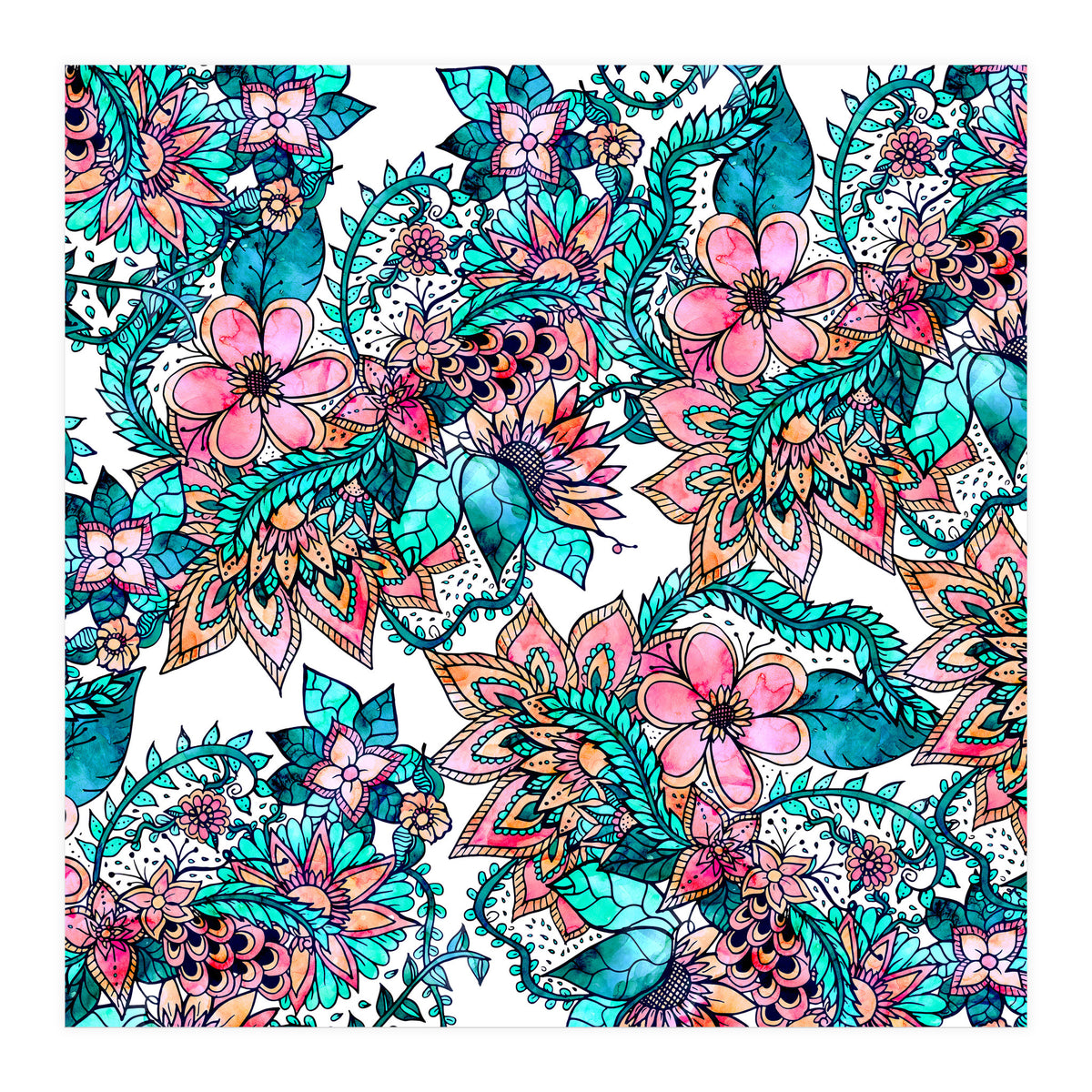 Boho turquoise pink floral watercolor illustration (Print Only)