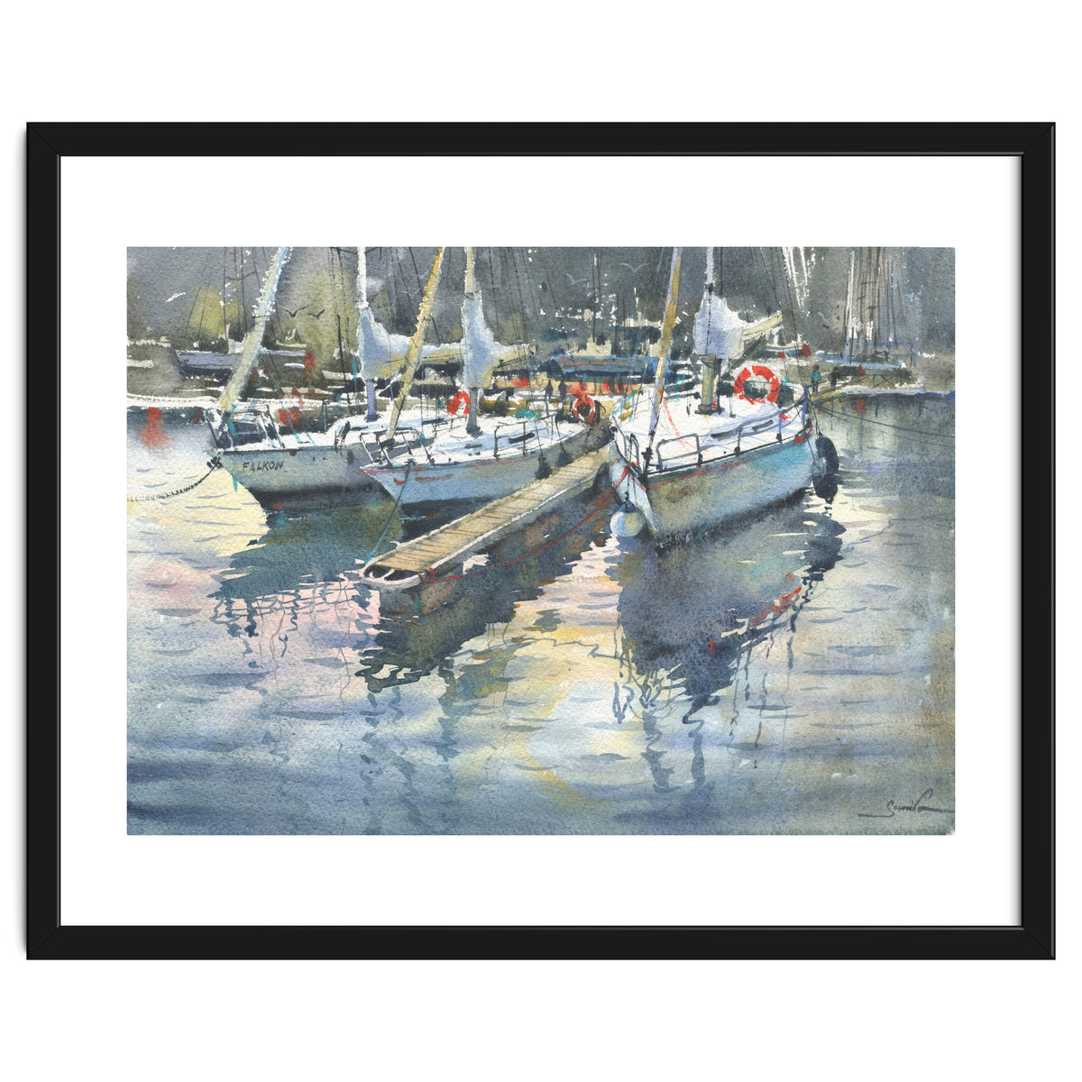 Yachts in the port. Watercolor painting