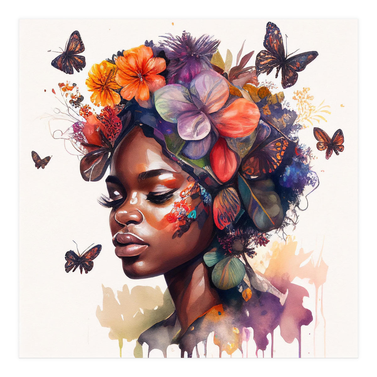 Watercolor Butterfly African Woman #2 (Print Only)