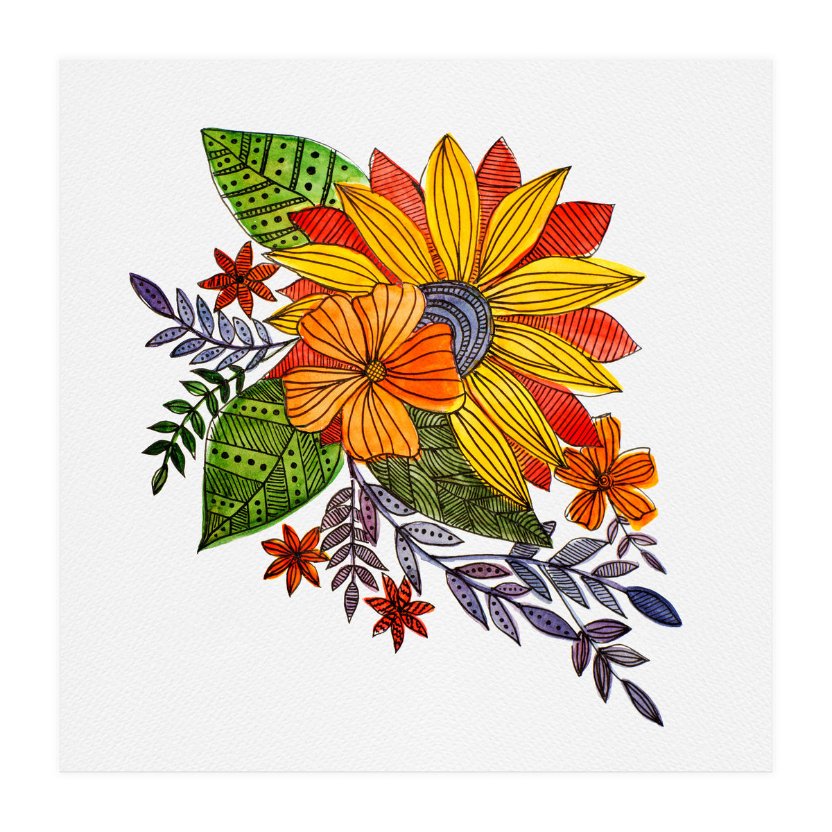 Watercolor and ink Sunflower (Print Only)