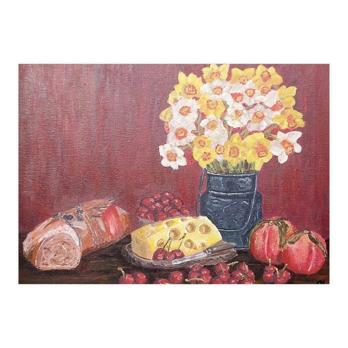 Still life with cheese, daffodils on a red background. (Print Only)