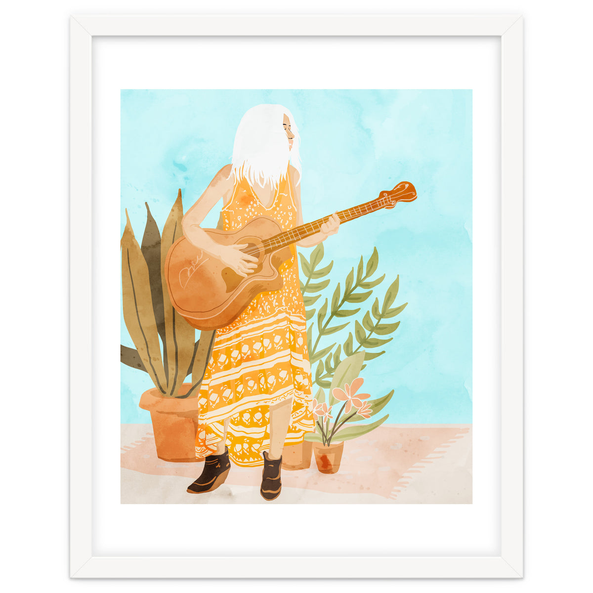 Music Soothes My Soul | Urban Hippie Bohemian Woman Playing the Guitar | Plant Lady Painting