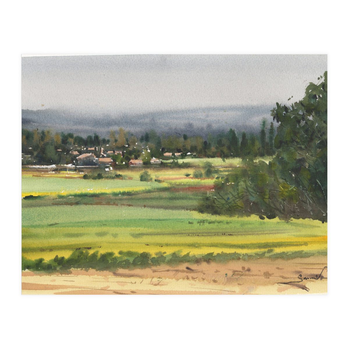 Sunny Landscape Painting Watercolor (Print Only)