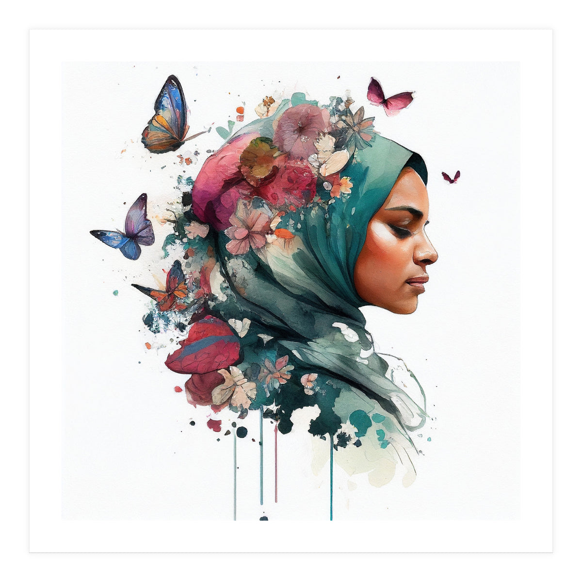 Watercolor Floral Muslim Woman #4 (Print Only)